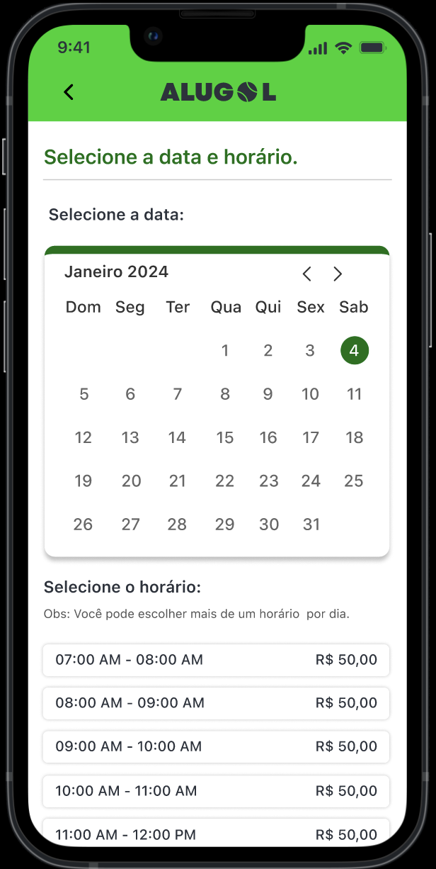 Tela de seleção de horário